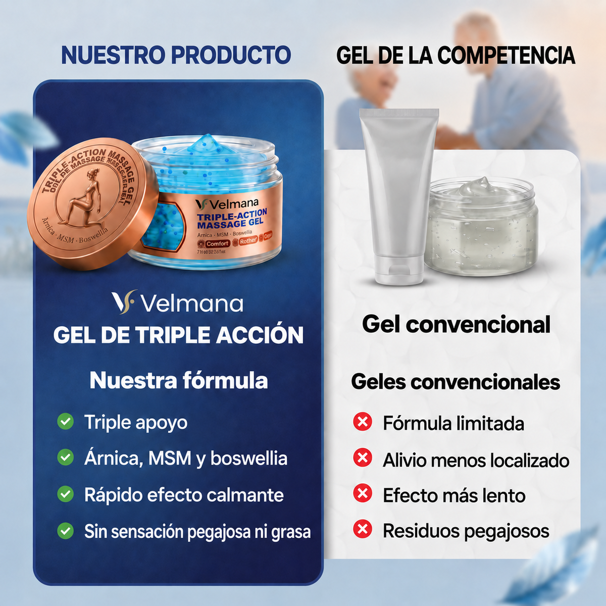 Velmana™ gel de masaje de triple acción para articulaciones y músculos